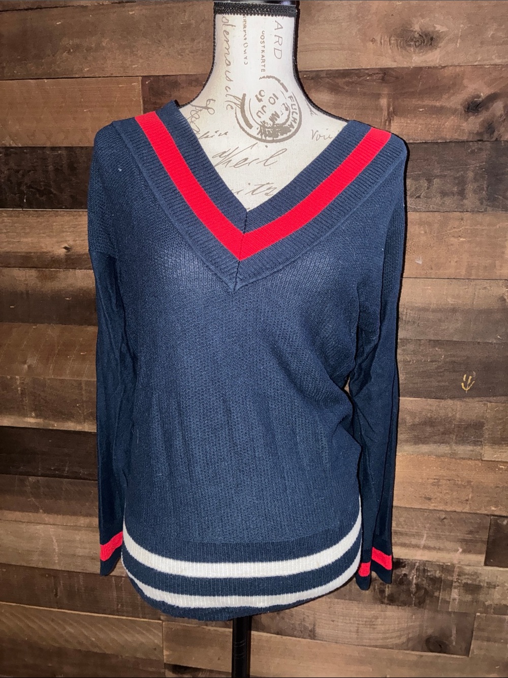 Chaps Navy V-Neck Sweater with Red and White Stripe Trim